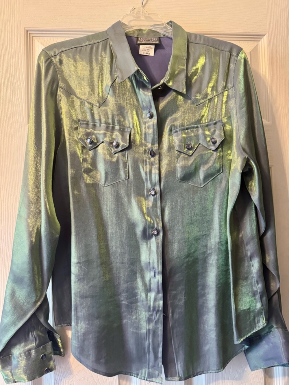 Vintage Roughrider by Circle T Iridescent Green Western Blouse w/pearl snaps
